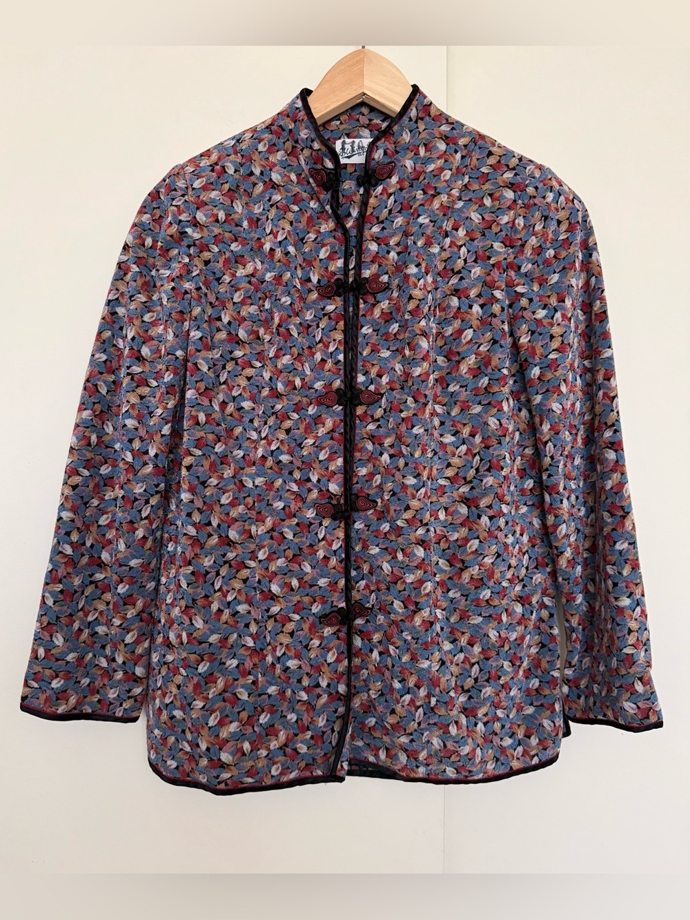 Vintage Woven Minimalist Mandarin Collar Chinoiserie Frog Closure Pankou Coat M